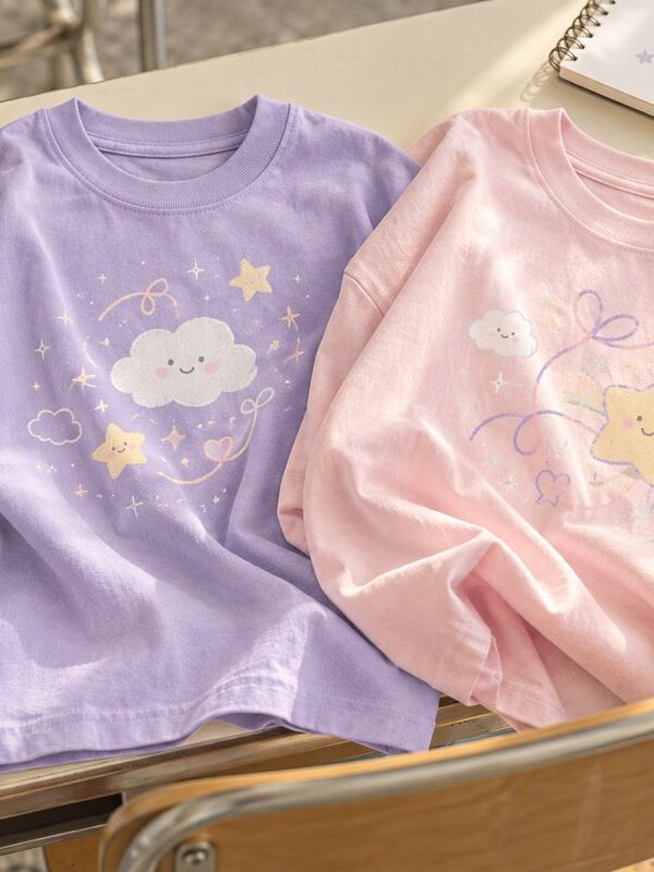 Minh họa áo lớp pastel hồng và tím với hình mây và ngôi sao
