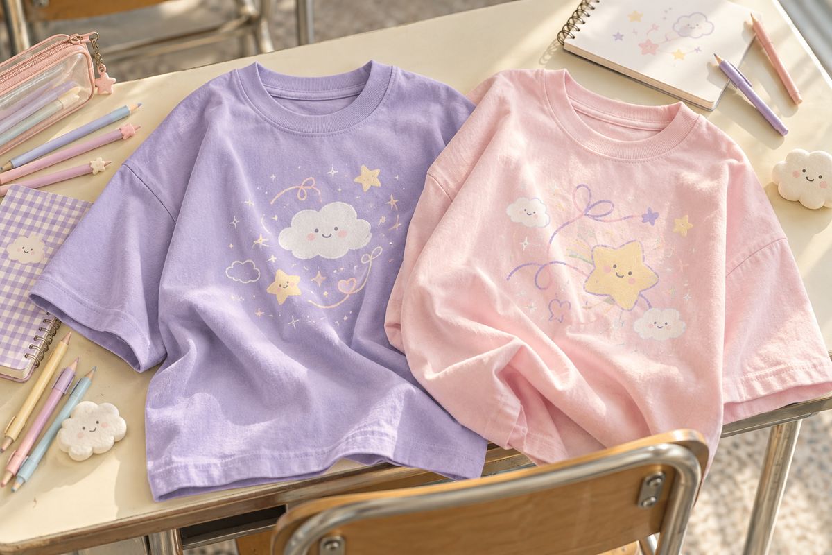 Minh họa áo lớp pastel hồng và tím với hình mây và ngôi sao