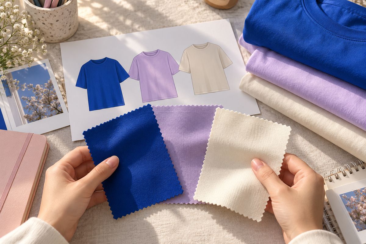 Các mẫu vải xanh, tím và kem cạnh bản phác thảo
