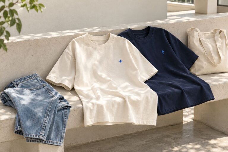 Minh họa áo lớp tối giản màu kem và navy phối cùng quần jeans