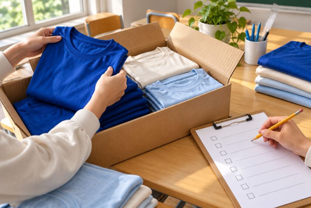 Thùng áo lớp đã mở cạnh bảng kiểm và bút