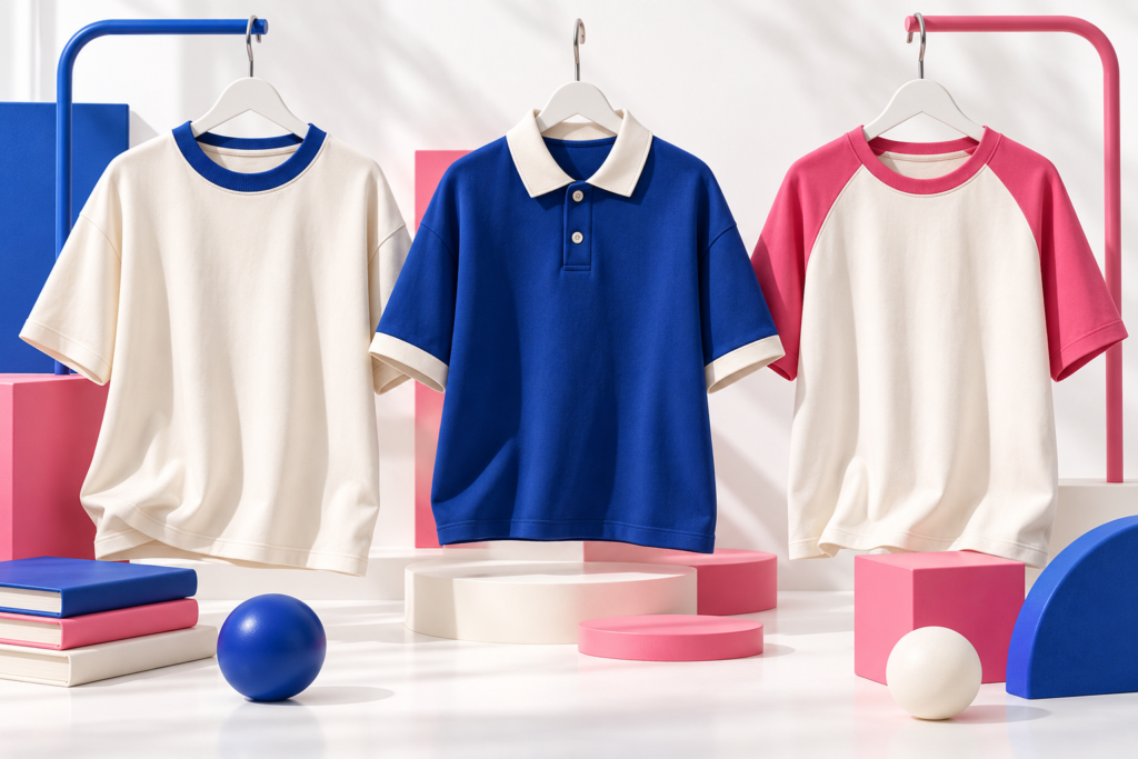 Minh họa so sánh kiểu áo lớp cổ tròn polo và raglan